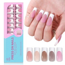 Yilamo Press On Nails - Long French Tip Coffin Square Style Fake Nails - Five Colors,300Pcs Holiday Medium Acrylic Gel Nails,No Need to File Gel Tips Pre-lasting for DIY Nail Art 15 Sizes