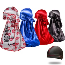 4PCS Silky Durags for Men 360 Waves, Designer Do Rag, 1 Wave Cap (Kiss Blue Black Red)