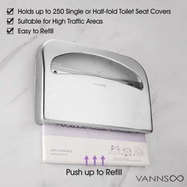 VANNSOO Toilet Seat Cover Dispenser - Stainless Steel Wall Mount Toilet Seat Cover Holder for Commercial Bathroom, 250 Single or Half Fold Seat Covers Capacity (Brushed)