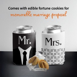 Will You Marry Me? Fortune Cookie Wedding Proposal Gift – Set of 2 Edible Fortune Cookies with “Will You Marry Me?” Message + Mr. & Mrs. Black and White Can Coolers – Unique Engagement Idea by VictoryStore