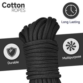 Aorgasms Soft Cotton Rope Washing Line Kit - 3 x 10 m Cotton Cord Decor Rope 8 mm All-Purpose Rope Twisted Rope Cotton Knot Exercise Rope for DIY, Travel, Hanging, Garden, Camping Rope (Black)