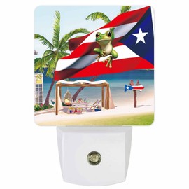 4th of July Night Lights Auto Sensor Puerto Rico Flag Plug-in LED Nightlights Dusk to Dawn for Living Room, Bedroom, Bathroom, Hallway, Stairways Independence Day Decor, Frog Coco Tree Beach