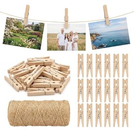 ABSOFINE Pack of 100 Wooden Small Wooden Pegs, 3.5 cm Mini Clothes Pegs Wood with 100 m Jute Cord, Small Clips for Photos Hanging Photo Rope with Clips, Postcards, Clothes, DIY Decoration