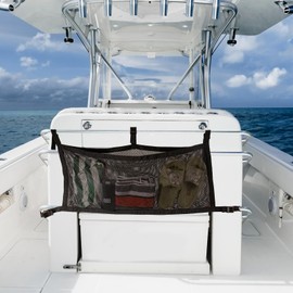 AJFHKJ Boat Storage Bag with 3 Divisions Storage,Boat Life Jackets Bag,Mesh Suspended Storage Organizer Hold 4-6 Type II Life Jackets and Personal Belongings,Adjustable Boat Storage Bag Accessories