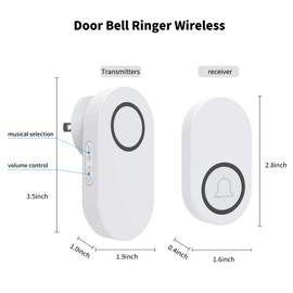Wireless Doorbell,Waterproof Door Bell with 60 Chimes 90 Db 5 Volume Levels Mute Mode Operating at 1000 Ft,Doorbell Kit for Teachers Classroom Home Office（White,Doorbell with 1 Button & 2 Receiver）