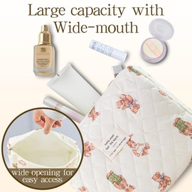 AMZMA 3Pcs Quilted Makeup Bag for Women, Large Travel Makeup Bag Set, Cute Aesthetic Cosmetic Bags, Floral Cotton Makeup Pouch Coquette Toiletry Organizer Bag