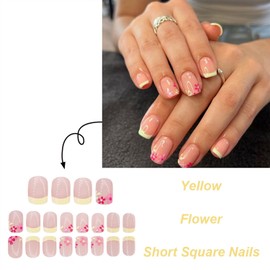 Colorful Flower Press on Nails Yellow French Tip Fake Nails Short Square Acrylic Glue on Nails Glossy Reusable Stick on Nails for Women DIY Manicure