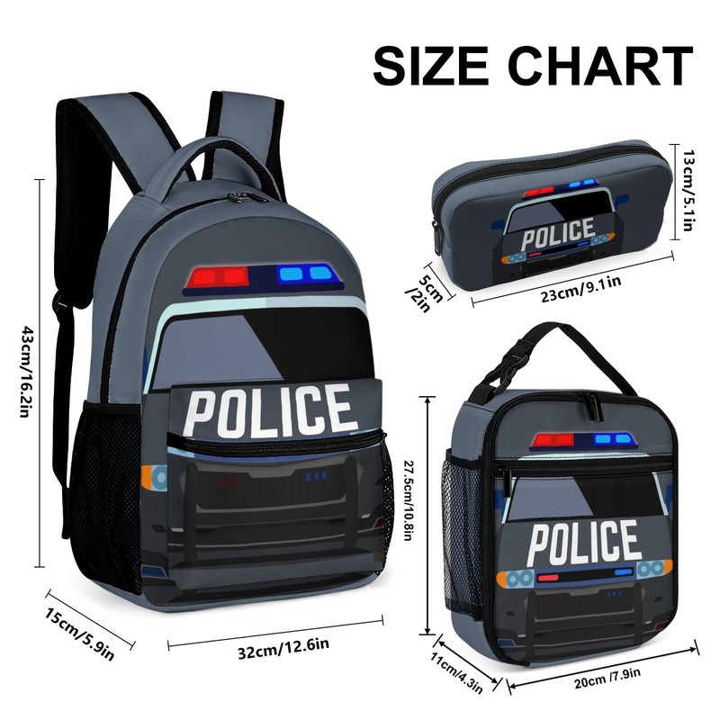 ZCJB-WSRY Cool Police Car School Backpack with Lunch Box &