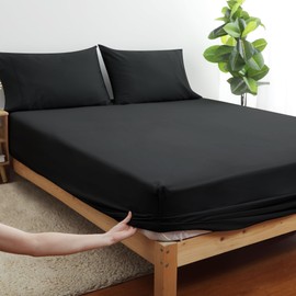 100% Pure Cotton Queen Fitted Sheet Only, 15" Deep Pocket Solid Black Fitted Sheet 600 Thread Count Bottom Sheet for Home & Hotel (Solid Black, Queen)