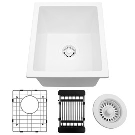 MONSINTA White Undermount Kitchen Sink, 13 Inch Bar Sink, 13" x 15" x10" Bar & Prep Sinks, 10" Depth, Small Single Bowl Granite Composite Kitchen Sink With Sink Drain Assembly and Sink Bottom Grid