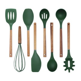 Country Kitchen Silicone Cooking Utensils, 8 Pc Kitchen Utensil Set, Easy to Clean Wooden Kitchen Utensils, Cooking Utensils for Nonstick Cookware, Kitchen Gadgets and Spatula Set-Green