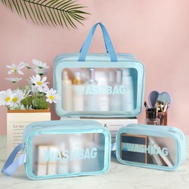 Pack of 3 Waterproof Cosmetic Bag, Large, Medium and Small Cosmetic Bag Set, Blue Toiletry Bag for Men and Women, Portable Waterproof Toiletry Bag for Cosmetics, Toys, blue, Blue