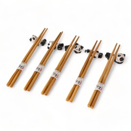 5 Pair Japanese Asian Bamboo Chopsticks Set with Panda Ceramic Chopsticks Rest