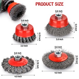 4 PCS Wire Wheel Brush for Angle Grinder, 4” Wheel Brushes, 3” Cup Brush Set for 4 1/2 Grinders, 5/8 -11 Threaded Arbor, 0.020In Twisted Knotted Carbon Steel for Removal Rust
