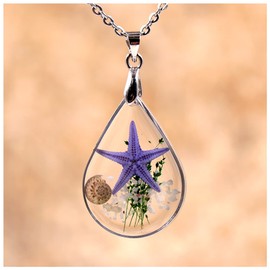 Starfish Shell Pendant Necklace Water Drop Conch Seaweed Necklace Marine Animal Chain Jewelry for Women Girls Teens (Purple)
