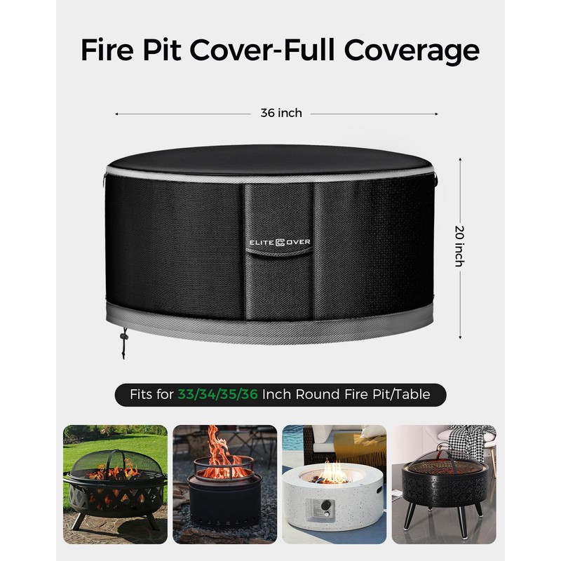 EliteCover Fire Pit Cover Round 36 Inch, 600D Heavy-Duty Waterproof