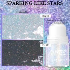 Wugbc Body Glitter Gel, Roll-on Face Glitter Neon Rave Hair Accessories, Holographic Makeup Festival Mermaid Shimmer Chameleon Sequins Sparkling for Women Singer Concerts Disco Party, Galaxy Blue