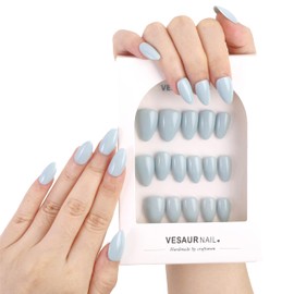 Designer Handmade Press On Nails, Natural Resin Blue Solid Opaque Structure Building, Short French Tip Almond False Nails, Super Fit Soft Gel Reusable Stick-on Fake Nails with Glue, 16 Sizes Nail Kit