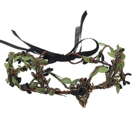 AIMALL Green Leaf Wreath Crown Hair Band with Adjustable Ribbon - Elven Fairy Bride Bridesmaid Headwear for Wedding, Photo Props, and Fantasy-Themed Events
