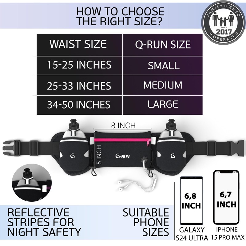 Q-RUN Running Hydration Belt, Pink, Large 34-50 inches, 10 Oz