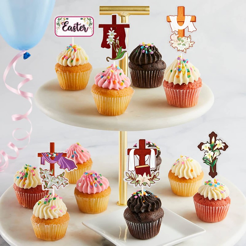 18Pcs Cross Cupcake Toppers - Religious Party Cupcake Toppers,Happy Easter