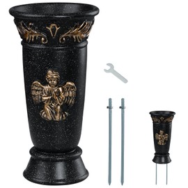 Memorial Cemetery Vase, 1 Pcs Black Angel Resin Flower Vases with Spikes and Draining Holes for Gravesite, Headstone Flowers, Cemetery Flowers, Memorial Grave Decorations