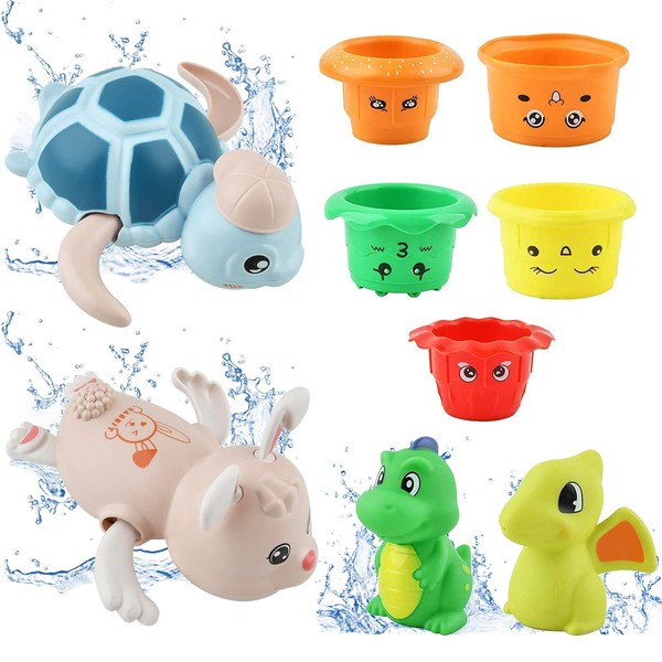 Bath Toy, Bath Toy Baby from 1 Year, 3-in-1 Water Toy Bath Set with Wind-Up Toy, Splash Dinosaur & Stacking Cup, Safe and Environmentally Friendly