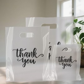 Odseciran 200PCS Reusable Thank You Bags for Business Small, Durable Plastic Bag with Handle for Store, 3 Sizes Shopping Goodie Bags for Clothes Boutique Gift, Bulk Wedding Party Purchase(clear)