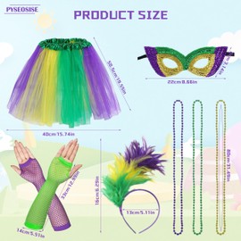 5 Pcs Mardi Gras Costume Accessories Set, Mardi Gras Feather Headband Tutu Skirt Bead Necklace Mask Gloves for Women