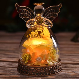 Aastin Preserved Real Rose in Glass Angel Figurine with LED Light, Angel Gifts for Women, Mom, Grandma on Mother's Day Christmas Birthday (Yellow)