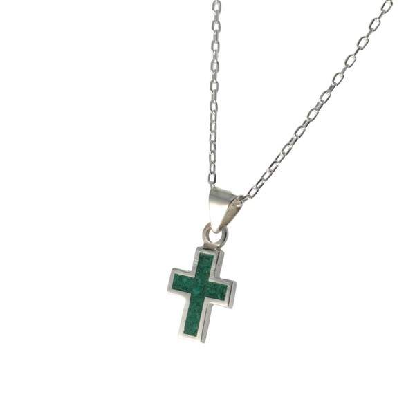 Sterling Silver Mini Green Cross Pendant Necklace - Handmade Minimalist