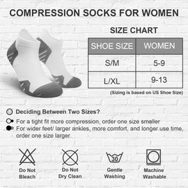 PAPLUS Ankle Compression Socks for Women 6 Pairs, Low Cut Womens Running Socks with Arch Support, White, L/XL