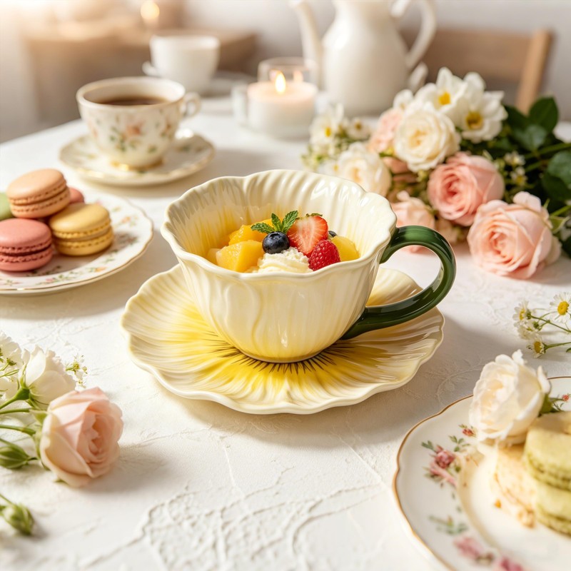 Decorative Ceramic Flower Coffee Cup Set, 5.5 Inch, Peony Floral