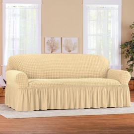 Collections Etc Textured Squares Ruffled Slipcover Beige Sofa
