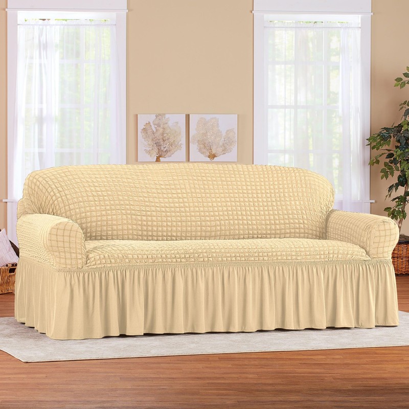 Collections Etc Textured Squares Ruffled Slipcover Beige Sofa