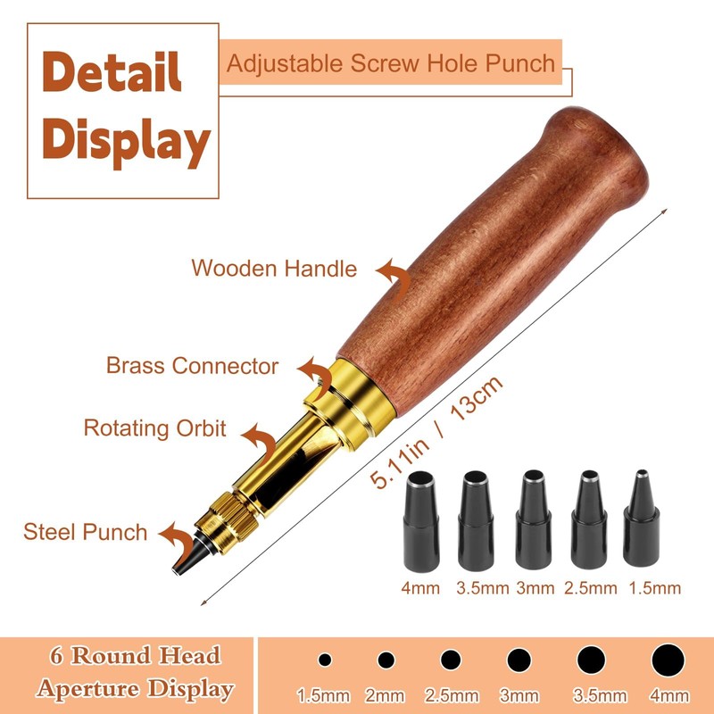 Mnuizu Adjustable Japanese Screw Punch, Screw Hole Punch, 6 Tip