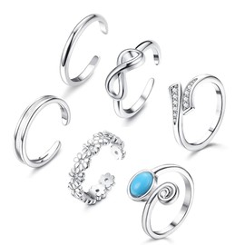 FIBO STEEL 6Pcs Toe Rings Adjustable Open Toe Rings for Women Cubic Zirconia Band Flower Infinite Toe Ring Set Summer Beach Jewelry (Turquoise Stone)