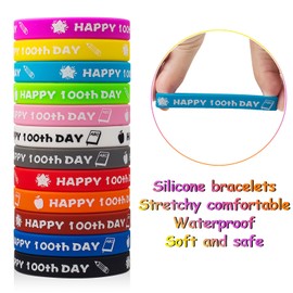 hexiaoxiao 36PCS Happy 100th Day Bracelets Colorful Silicone Wristbands Cute 100th Day of School Gifts Rubber Bracelets for School Classroom Party Favors Supply Student Rewards