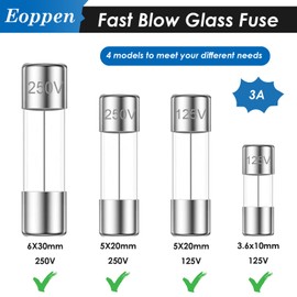Eoppen 40Pcs 3A Fast Blow Glass Fuses Assortment Kit 3 Amp 4 Values 3.6x10 mm 125V / 5x20mm 125V & 250V / 6x30mm 250V Fuses Kit packag in a Clear Plastic Box