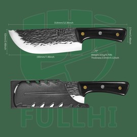 FULLHI Butcher Knife, Multi-color Wood Handle Full Tang Chef Knife with Sheath, High Carbon Steel Meat Slicing Kitchen Knife for Outdoor, Camping BBQ (Black, Chef Knife)
