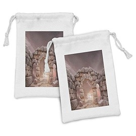 Lunarable Medieval Fabric Pouch Set of 2, Fantasy Medieval Land and Sky Birds Antiquity Architecture Landmark, Small Drawstring Bag for Toiletries Masks and Favors, 9" x 6", Dried Rose Salmon