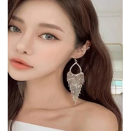 Luxuary CZ Fringe Drop Statement Earrings for Women Gold Plated Created Cubic Zirconia Tassel Crystal Chain Dangle Hook Stud Earring Elegant Wedding Party Prom Jewelry (Golden)