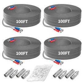 OOSSXX Video Power Cable BNC Extension All-in-One Cables for CCTV Security Cameras, Outdoor Wired Surveillance Camera DVR System with 4xBNC Connectors and 4xRCA Adapters 4 Pack 100 Feet, Grey