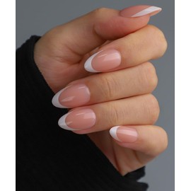 Press On Nails Short, 16 Sizes 32pcs, Almond Fake Nails Glossy, Nail Glue Included (French)