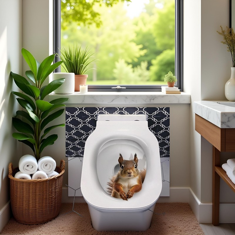 3D Squirrel Toilet Lid Decal, Brown Botanical Sticker, Waterproof Vinyl,