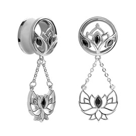 KUBOOZ 1 Pair Lotus Pendant Stainless Steel Screw Ear Plugs Tunnels Gauges Stretcher Piercings 5/8"