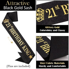 TOBATOBA 21st Birthday King Sash 21st Birthday Decorations for Him, Gold Foil Black Satin Birthday Sash for Him 21st Birthday Gift for Him 21st Birthday Party Favors Decorations