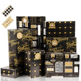 Birthday Wrapping Paper, 6 Sheets Children's Wrapping Paper, Black Gold Gift Wrapping Paper for Birthdays, Graduations (70 x 50 cm)