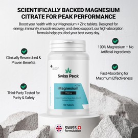 Swiss Peak Magnesium 750mg + Zinc | 180 High-Strength Tablets | Supports Sleep, Skin, Bones & Immune System | UK Made, Lab-Tested, Vegan-Friendly