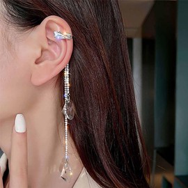 Iaceble Boho Gemstone Ear Cuff Earrings Silver Cz Cuff Wrap Earrings Irregular Crystal Earrings Long Rhinestone Tassel Earrings Rhinestone Ear Crawler Chain Cuff Earrings Jewelry For Wome